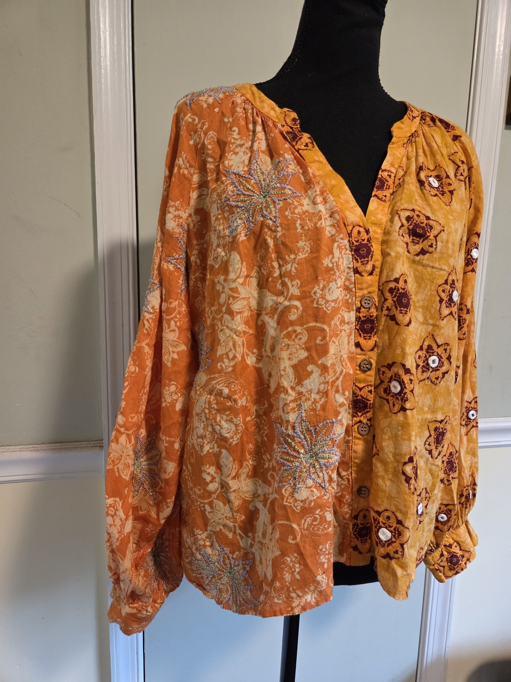 Zara Orange and Golden-Yellow Patchwork Button-Front Blouse - Picture 2 of 6
